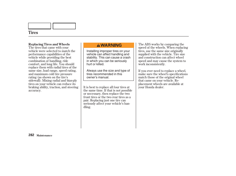 Tires | HONDA 2003 CR-V - Owner's Manual User Manual | Page 286 / 374