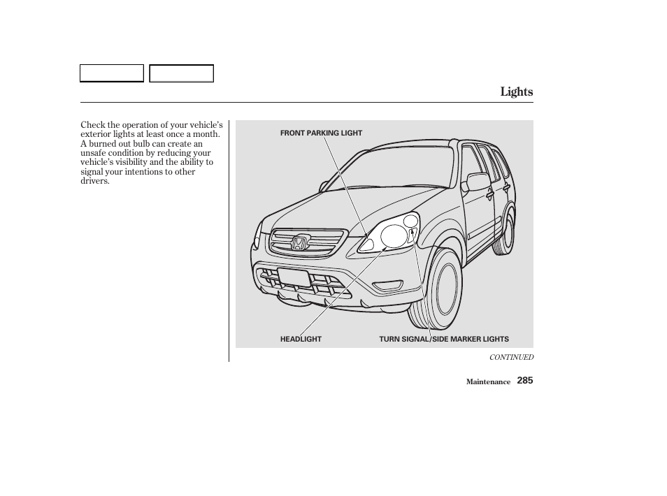 Lights | HONDA 2003 CR-V - Owner's Manual User Manual | Page 289 / 374