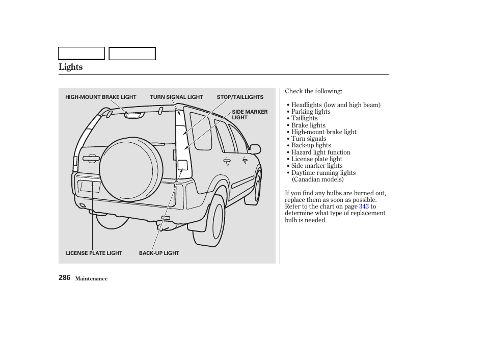 Lights | HONDA 2003 CR-V - Owner's Manual User Manual | Page 290 / 374