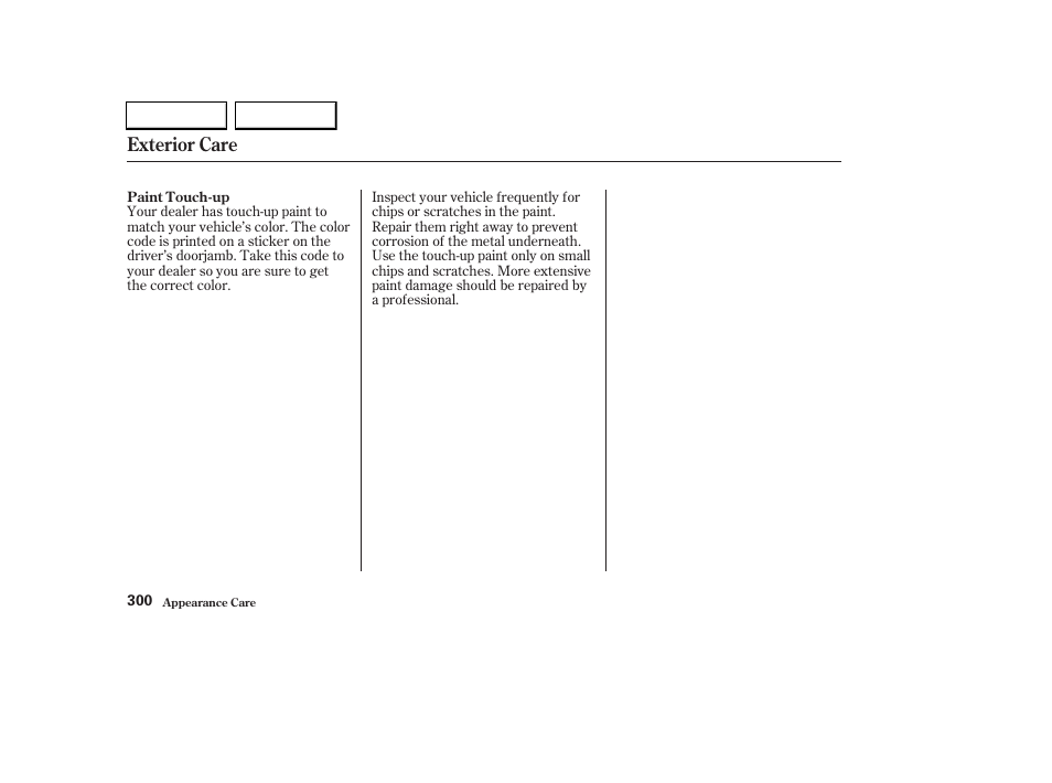 Exterior care | HONDA 2003 CR-V - Owner's Manual User Manual | Page 304 / 374