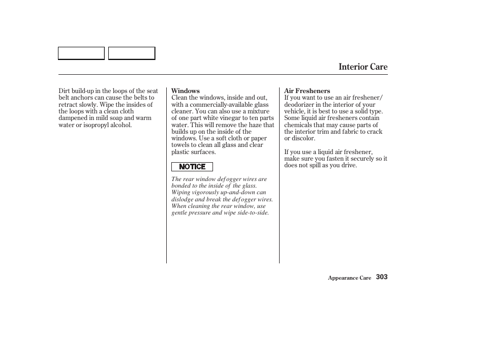 Interior care | HONDA 2003 CR-V - Owner's Manual User Manual | Page 307 / 374