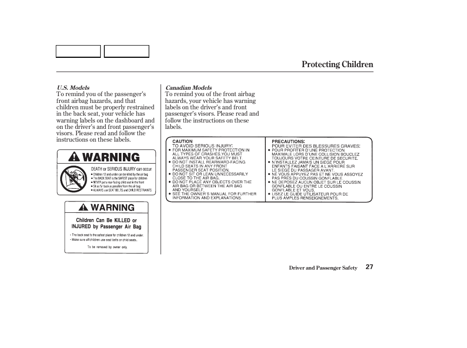 Protecting children | HONDA 2003 CR-V - Owner's Manual User Manual | Page 31 / 374
