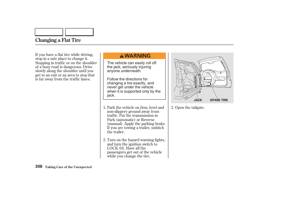 Changing a flat tire | HONDA 2003 CR-V - Owner's Manual User Manual | Page 312 / 374