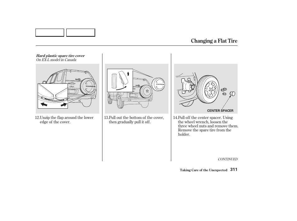 Changing a flat tire | HONDA 2003 CR-V - Owner's Manual User Manual | Page 315 / 374