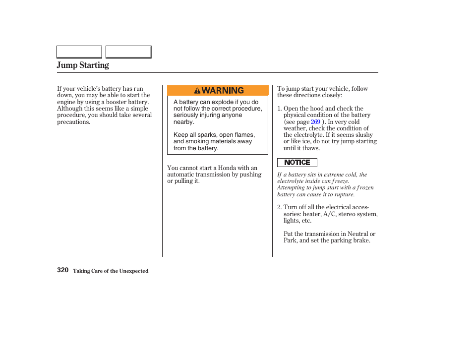 Jump starting | HONDA 2003 CR-V - Owner's Manual User Manual | Page 324 / 374