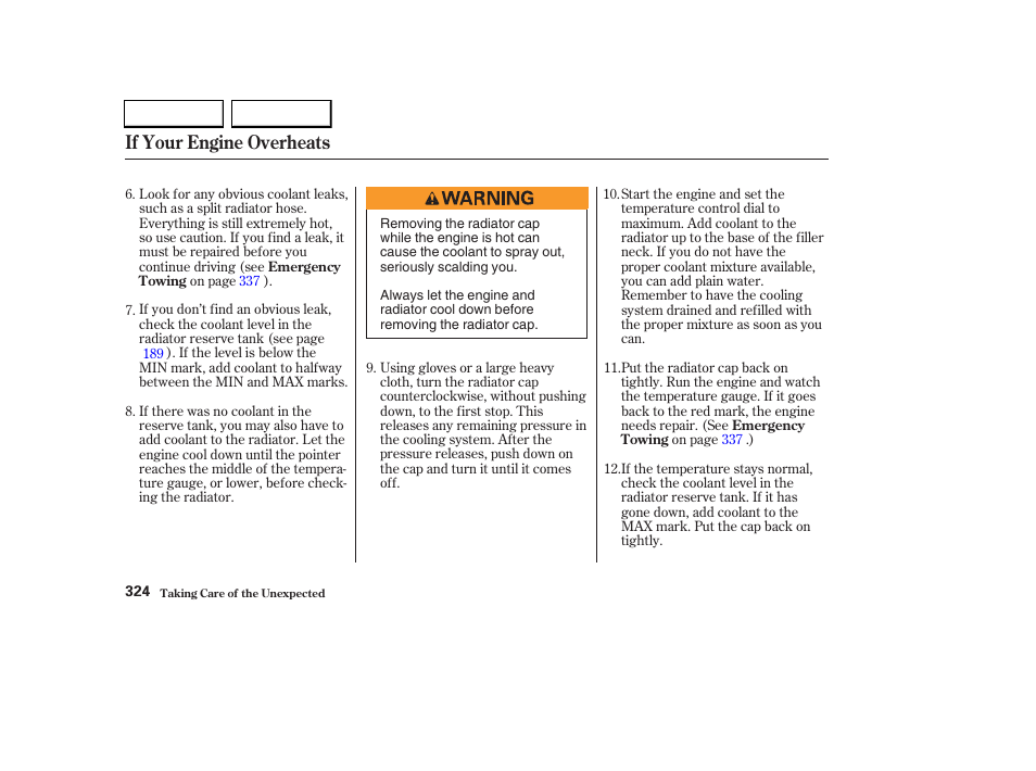 If your engine overheats | HONDA 2003 CR-V - Owner's Manual User Manual | Page 328 / 374