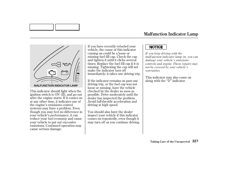 Malfunction indicator lamp | HONDA 2003 CR-V - Owner's Manual User Manual | Page 331 / 374