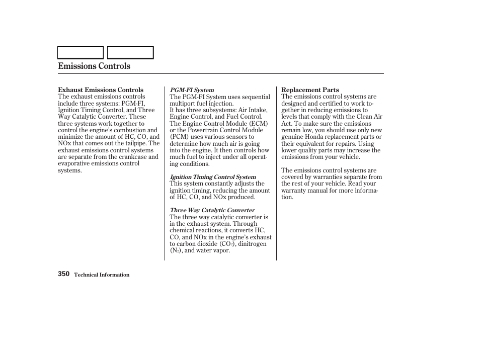 Emissions controls | HONDA 2003 CR-V - Owner's Manual User Manual | Page 354 / 374