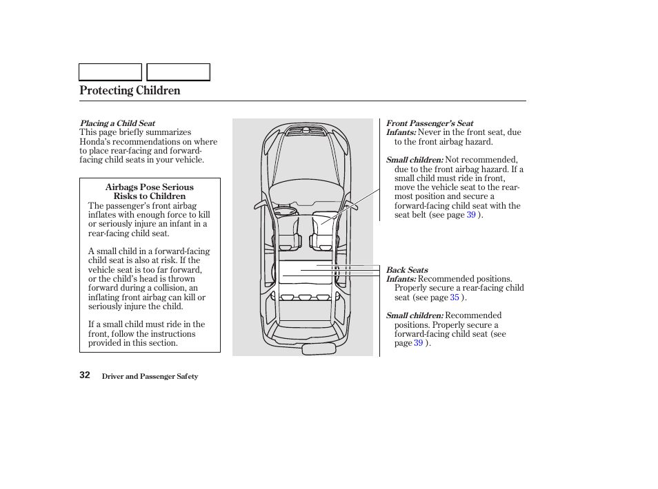 Protecting children | HONDA 2003 CR-V - Owner's Manual User Manual | Page 36 / 374