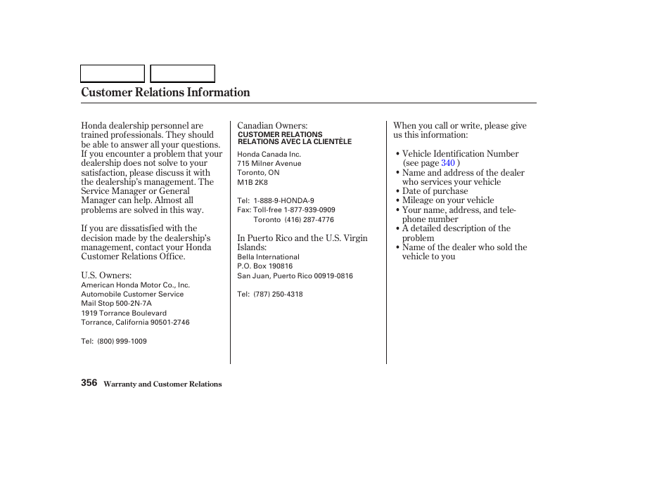 Customer relations information | HONDA 2003 CR-V - Owner's Manual User Manual | Page 360 / 374