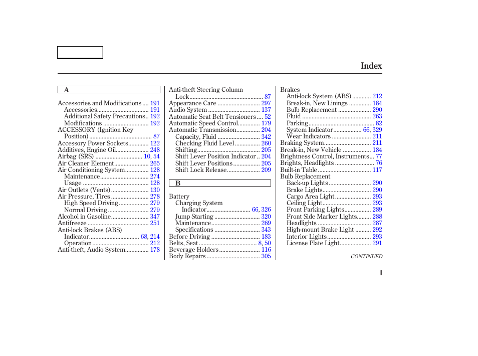 Index | HONDA 2003 CR-V - Owner's Manual User Manual | Page 365 / 374