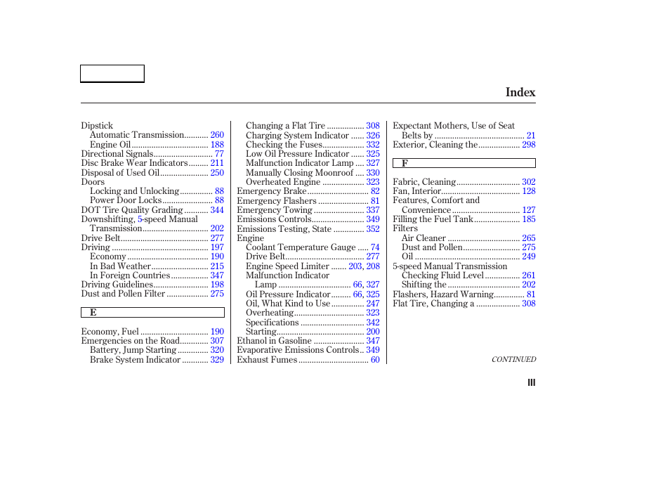 Index | HONDA 2003 CR-V - Owner's Manual User Manual | Page 367 / 374