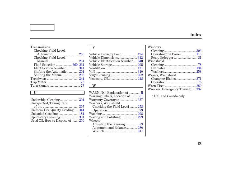 Index | HONDA 2003 CR-V - Owner's Manual User Manual | Page 373 / 374