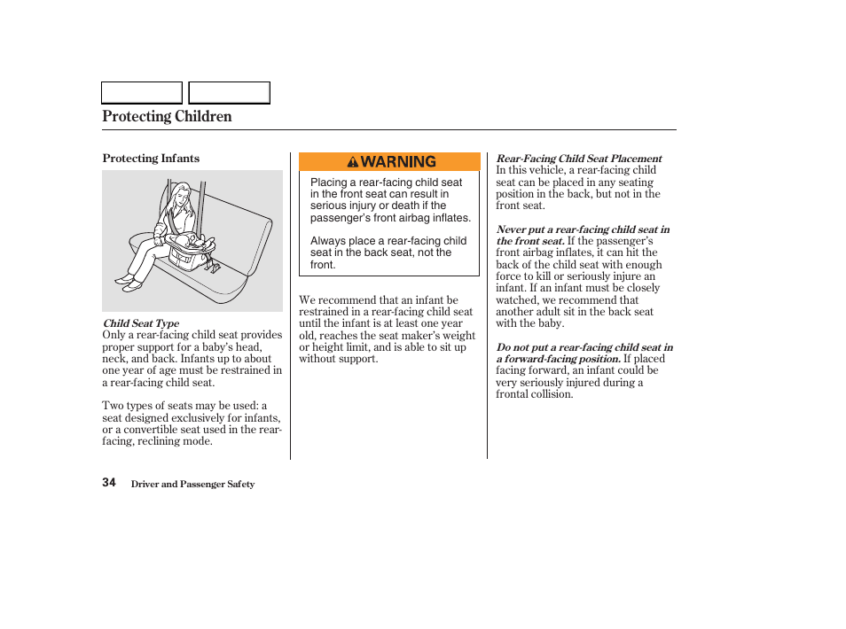 Protecting children | HONDA 2003 CR-V - Owner's Manual User Manual | Page 38 / 374