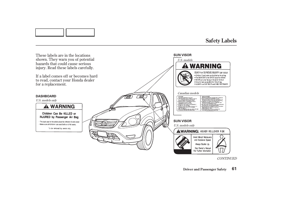 Safety labels | HONDA 2003 CR-V - Owner's Manual User Manual | Page 65 / 374