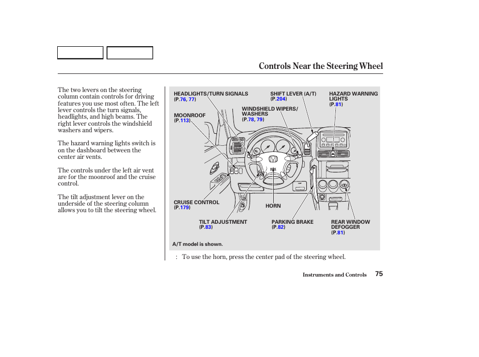 Controls near the steering wheel | HONDA 2003 CR-V - Owner's Manual User Manual | Page 79 / 374