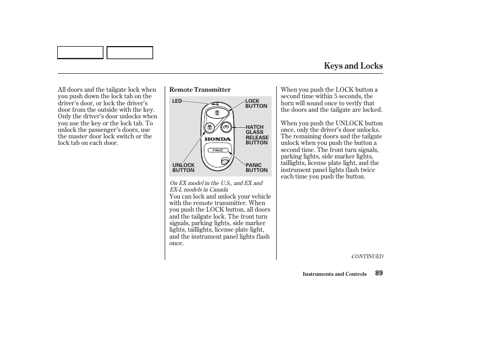 Keys and locks | HONDA 2003 CR-V - Owner's Manual User Manual | Page 93 / 374