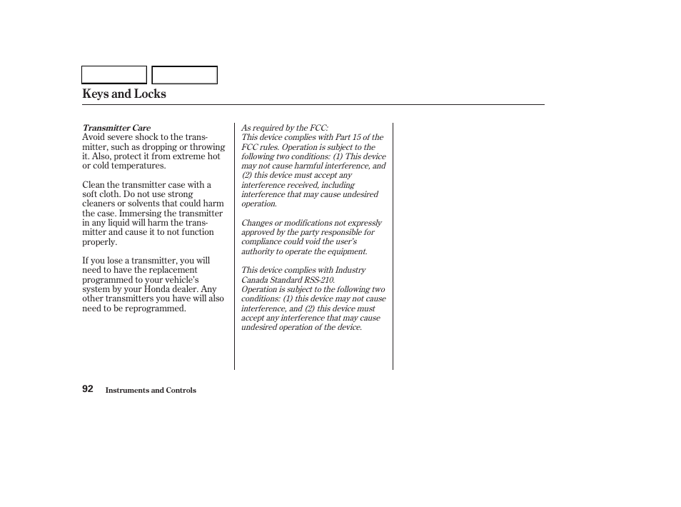 Keys and locks | HONDA 2003 CR-V - Owner's Manual User Manual | Page 96 / 374