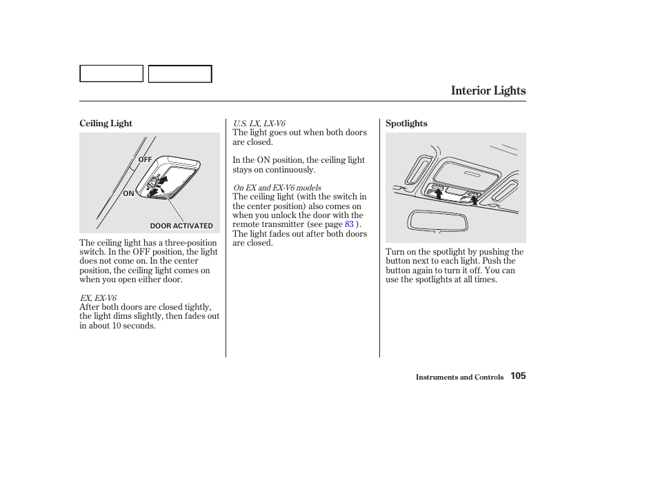Interior lights | HONDA 2002 Accord Coupe - Owner's Manual User Manual | Page 108 / 375