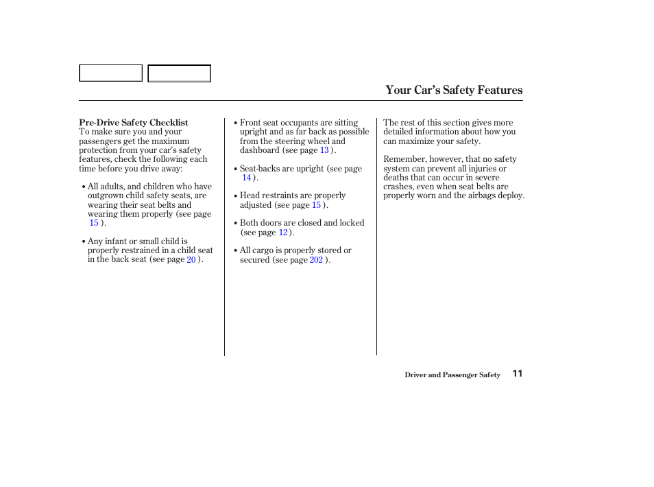 Your car’s safety features | HONDA 2002 Accord Coupe - Owner's Manual User Manual | Page 14 / 375