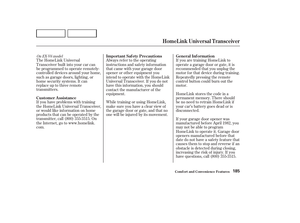 Homelink universal transceiver | HONDA 2002 Accord Coupe - Owner's Manual User Manual | Page 188 / 375