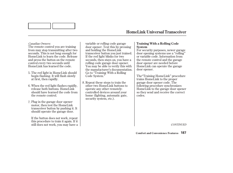 Homelink universal transceiver | HONDA 2002 Accord Coupe - Owner's Manual User Manual | Page 190 / 375