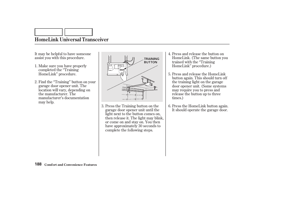 Homelink universal transceiver | HONDA 2002 Accord Coupe - Owner's Manual User Manual | Page 191 / 375