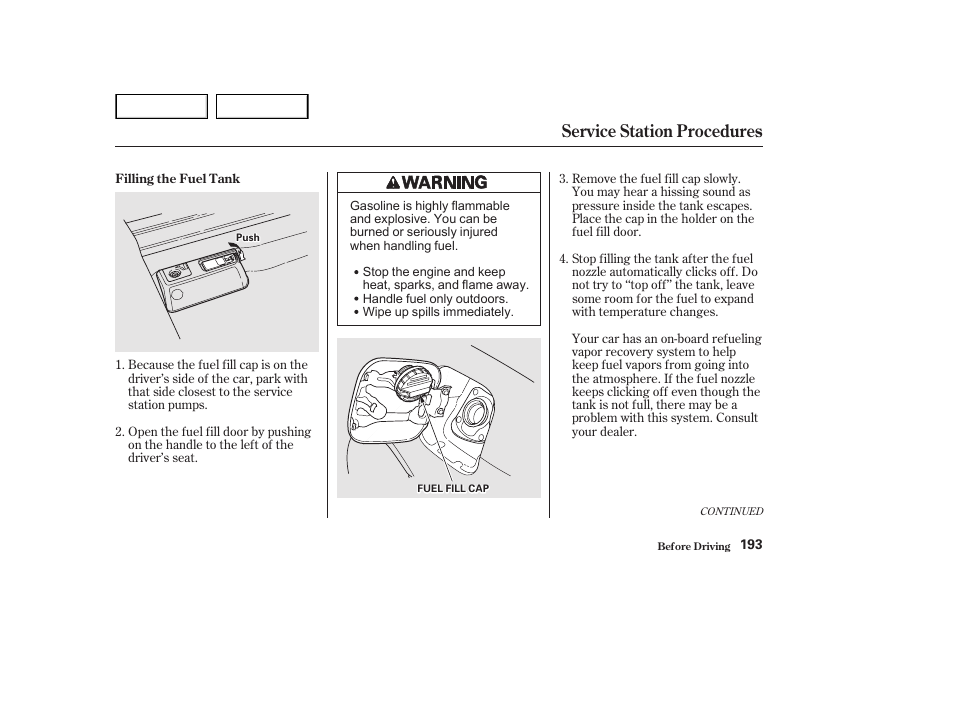 Service station procedures | HONDA 2002 Accord Coupe - Owner's Manual User Manual | Page 196 / 375