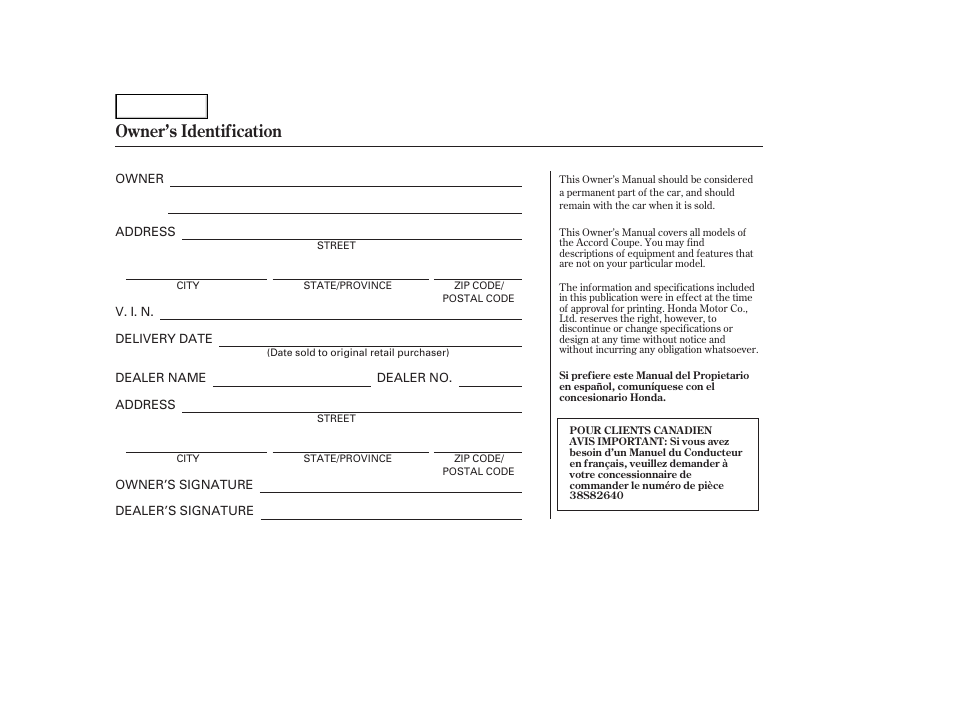 Owner's identification form, Owner’s identification | HONDA 2002 Accord Coupe - Owner's Manual User Manual | Page 2 / 375