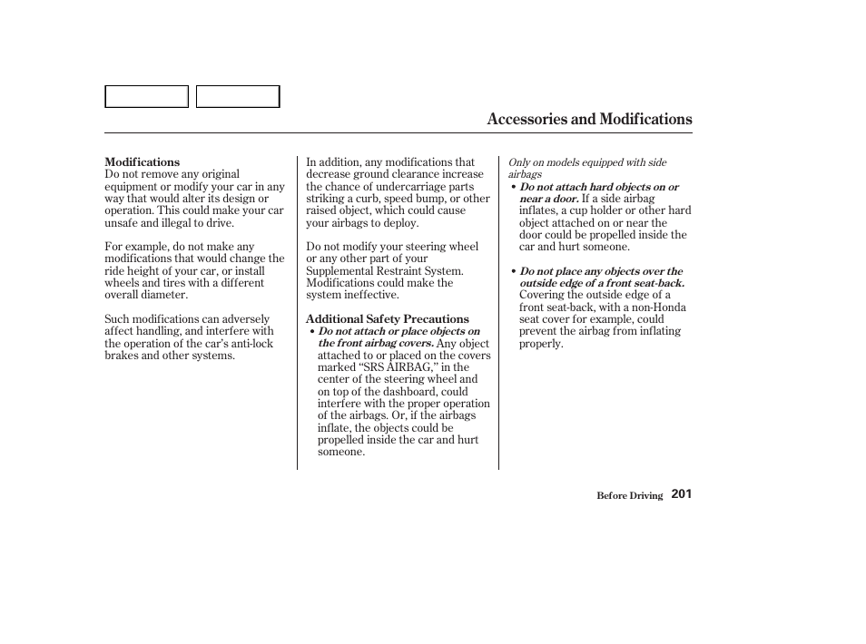 Accessories and modifications | HONDA 2002 Accord Coupe - Owner's Manual User Manual | Page 204 / 375