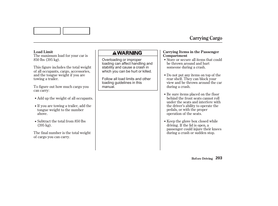 Carrying cargo | HONDA 2002 Accord Coupe - Owner's Manual User Manual | Page 206 / 375