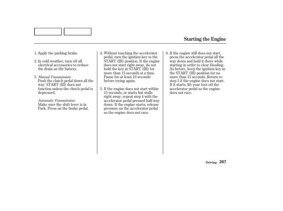 Starting the engine | HONDA 2002 Accord Coupe - Owner's Manual User Manual | Page 210 / 375