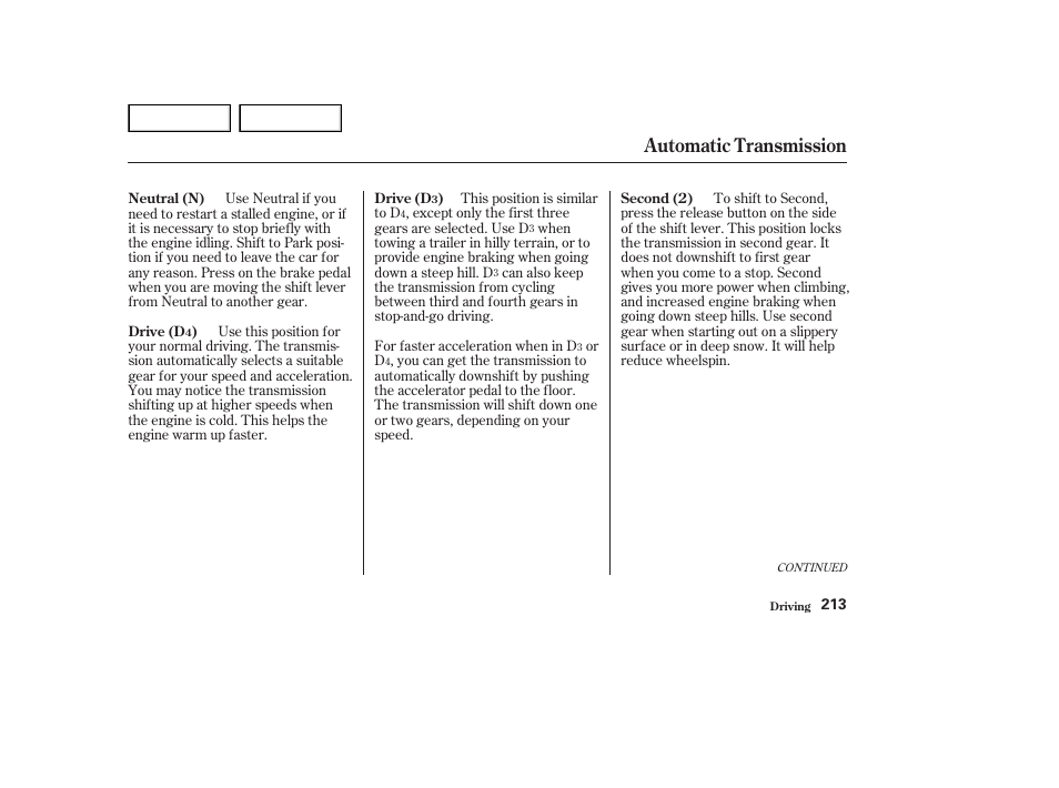 Automatic transmission | HONDA 2002 Accord Coupe - Owner's Manual User Manual | Page 216 / 375