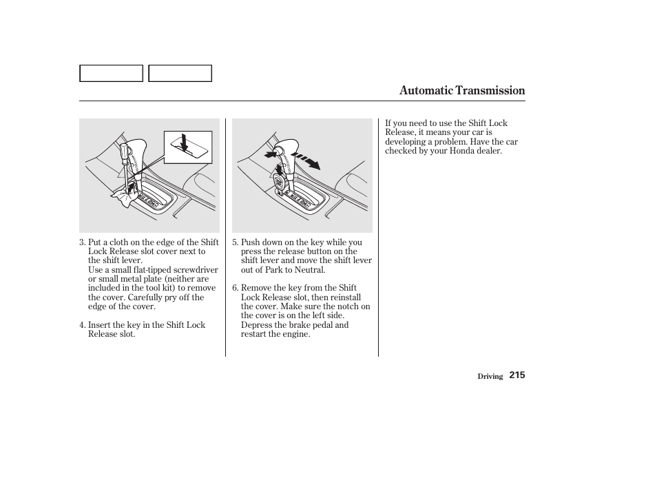 Automatic transmission | HONDA 2002 Accord Coupe - Owner's Manual User Manual | Page 218 / 375