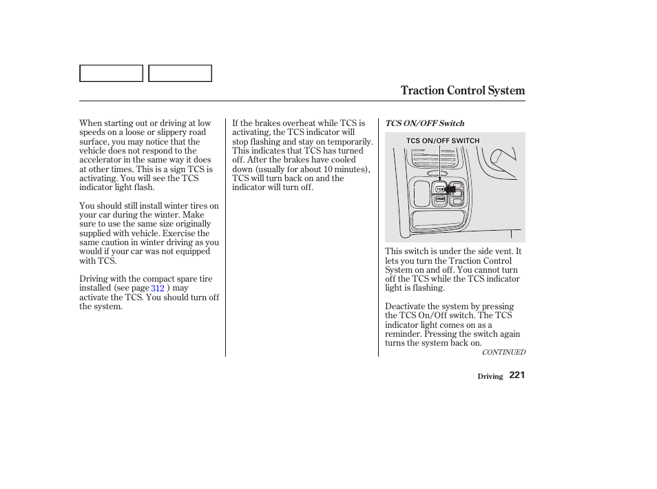 Traction control system | HONDA 2002 Accord Coupe - Owner's Manual User Manual | Page 224 / 375