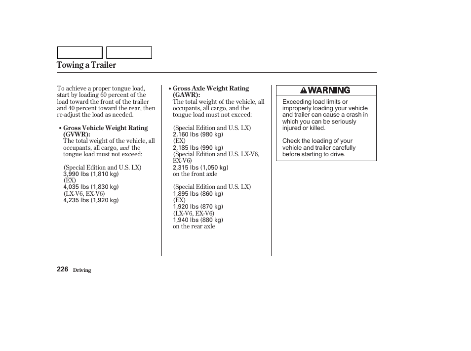 Towing a trailer | HONDA 2002 Accord Coupe - Owner's Manual User Manual | Page 229 / 375