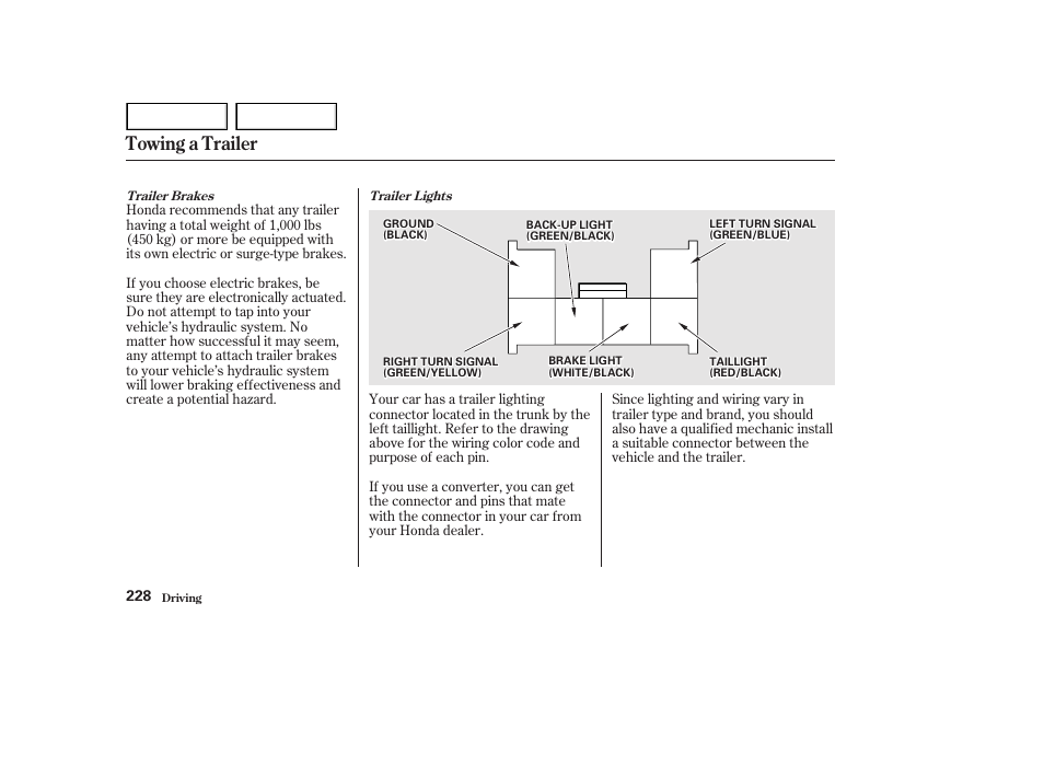 Towing a trailer | HONDA 2002 Accord Coupe - Owner's Manual User Manual | Page 231 / 375