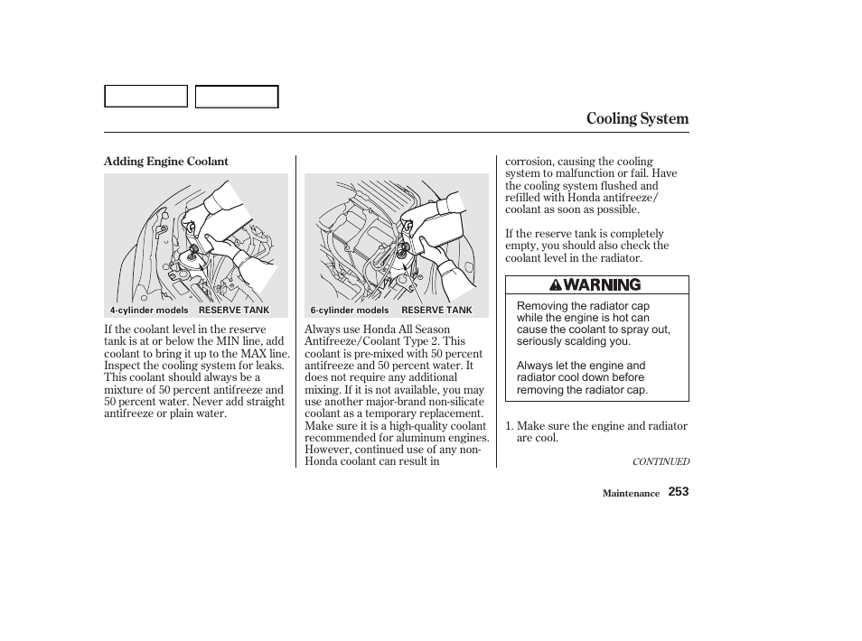 Cooling system | HONDA 2002 Accord Coupe - Owner's Manual User Manual | Page 256 / 375