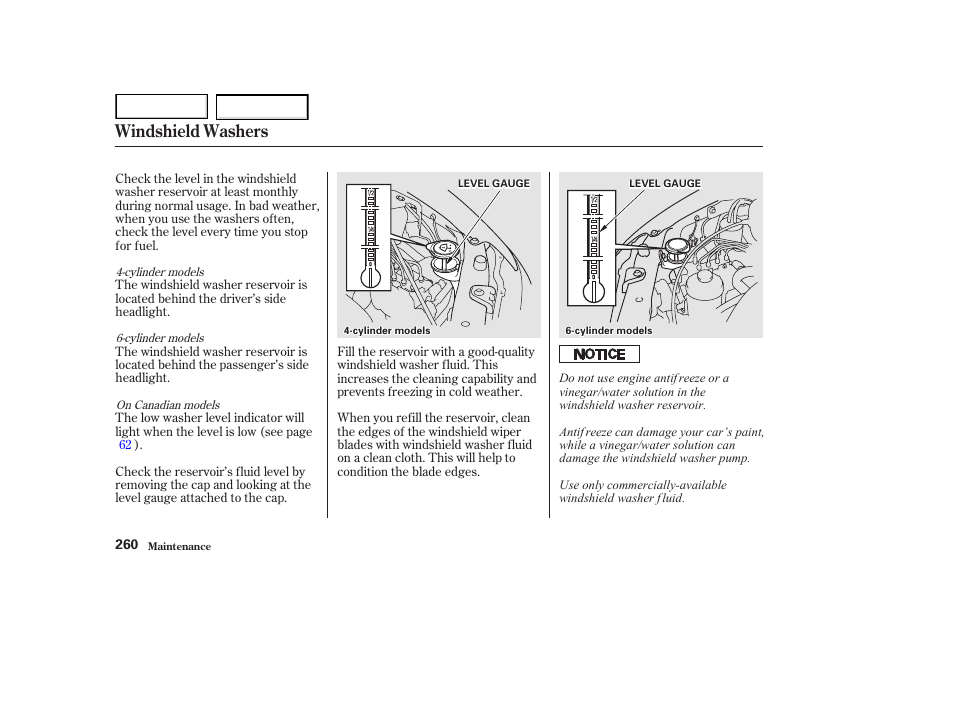 Windshield washers | HONDA 2002 Accord Coupe - Owner's Manual User Manual | Page 263 / 375