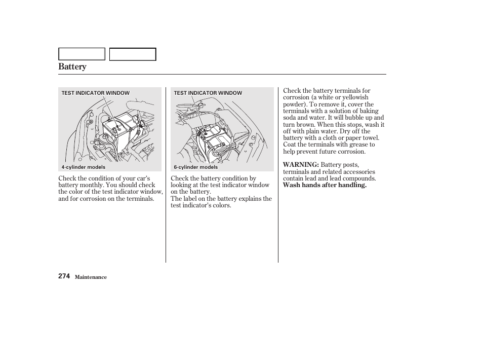 Battery | HONDA 2002 Accord Coupe - Owner's Manual User Manual | Page 277 / 375