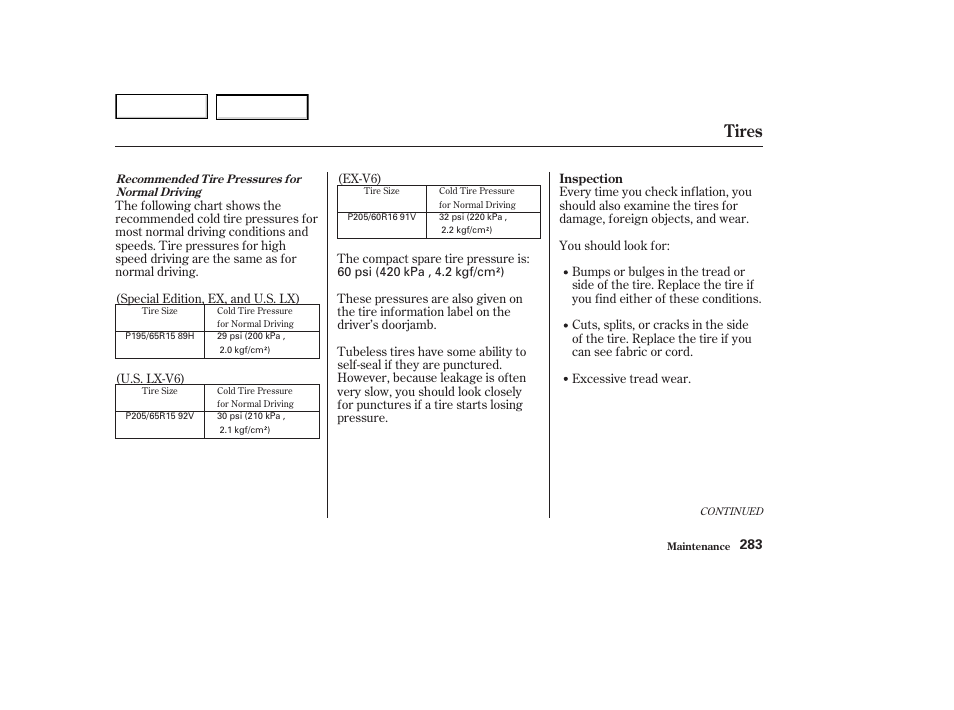 Tires | HONDA 2002 Accord Coupe - Owner's Manual User Manual | Page 286 / 375