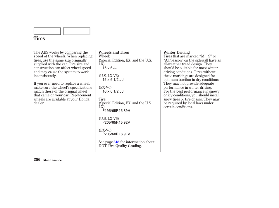 Tires | HONDA 2002 Accord Coupe - Owner's Manual User Manual | Page 289 / 375