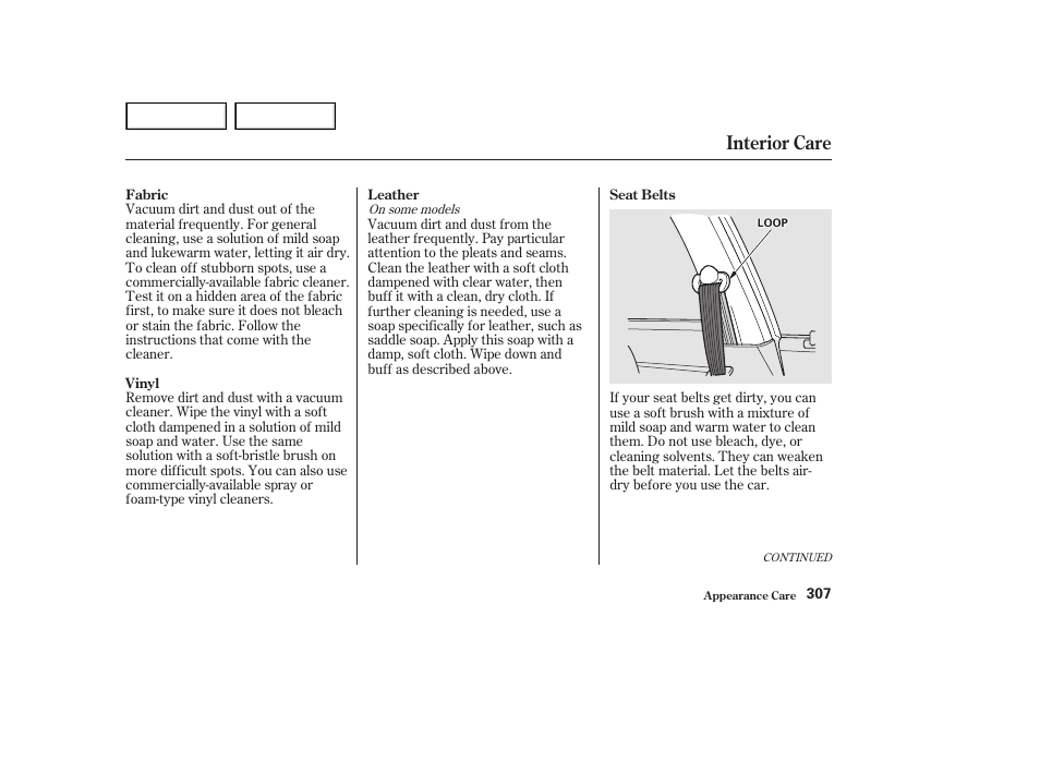 Interior care | HONDA 2002 Accord Coupe - Owner's Manual User Manual | Page 310 / 375