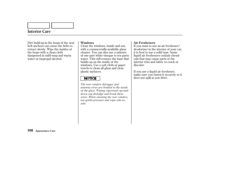 Interior care | HONDA 2002 Accord Coupe - Owner's Manual User Manual | Page 311 / 375