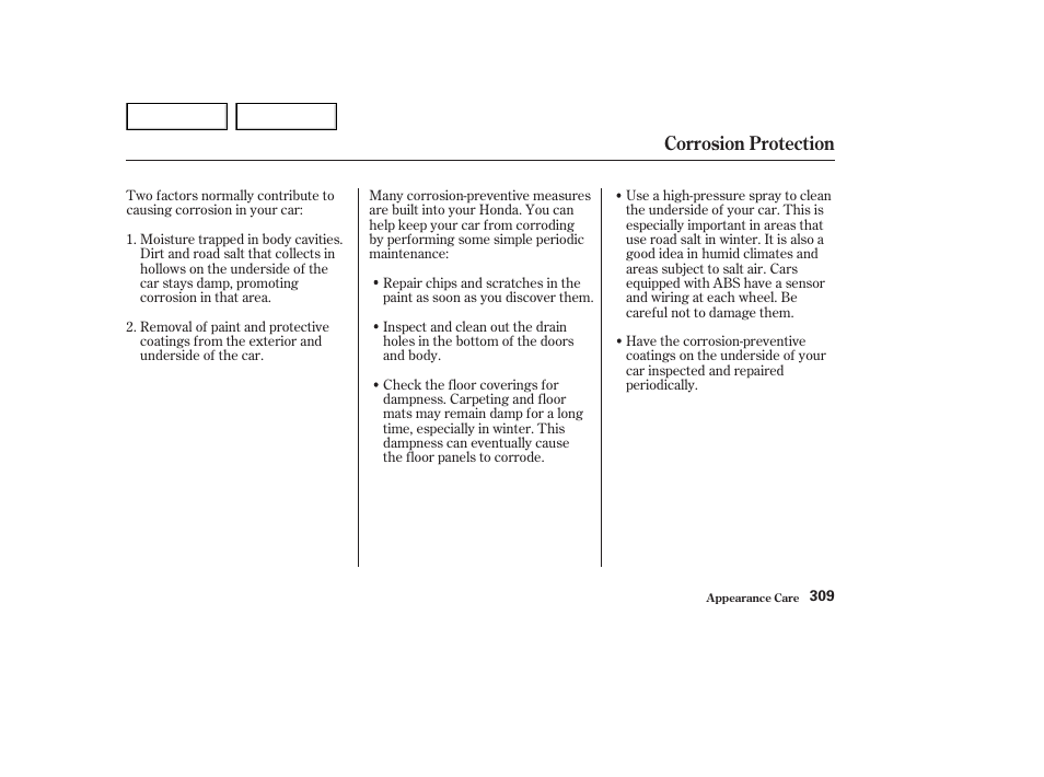 Corrosion protection | HONDA 2002 Accord Coupe - Owner's Manual User Manual | Page 312 / 375