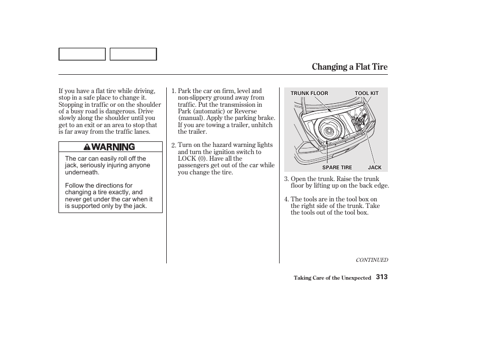 Changing a flat tire | HONDA 2002 Accord Coupe - Owner's Manual User Manual | Page 316 / 375