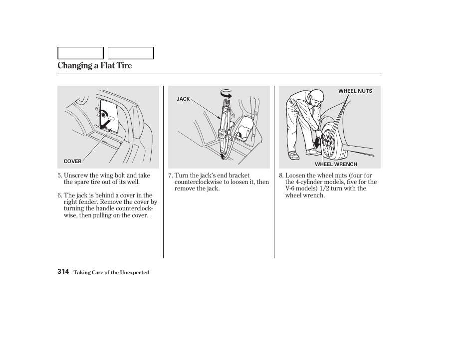 Changing a flat tire | HONDA 2002 Accord Coupe - Owner's Manual User Manual | Page 317 / 375