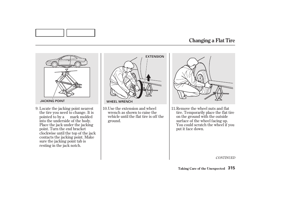 Changing a flat tire | HONDA 2002 Accord Coupe - Owner's Manual User Manual | Page 318 / 375