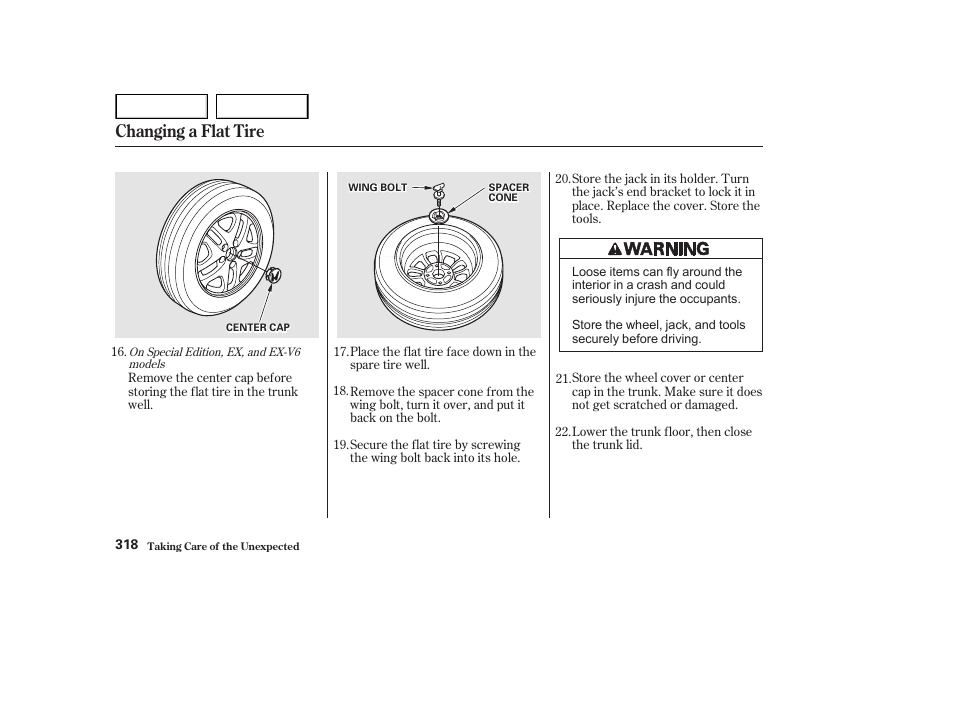 Changing a flat tire | HONDA 2002 Accord Coupe - Owner's Manual User Manual | Page 321 / 375