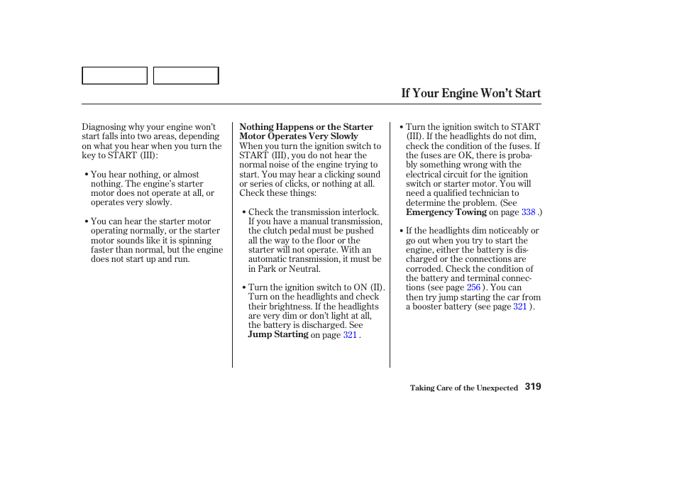 If your engine won’t start | HONDA 2002 Accord Coupe - Owner's Manual User Manual | Page 322 / 375